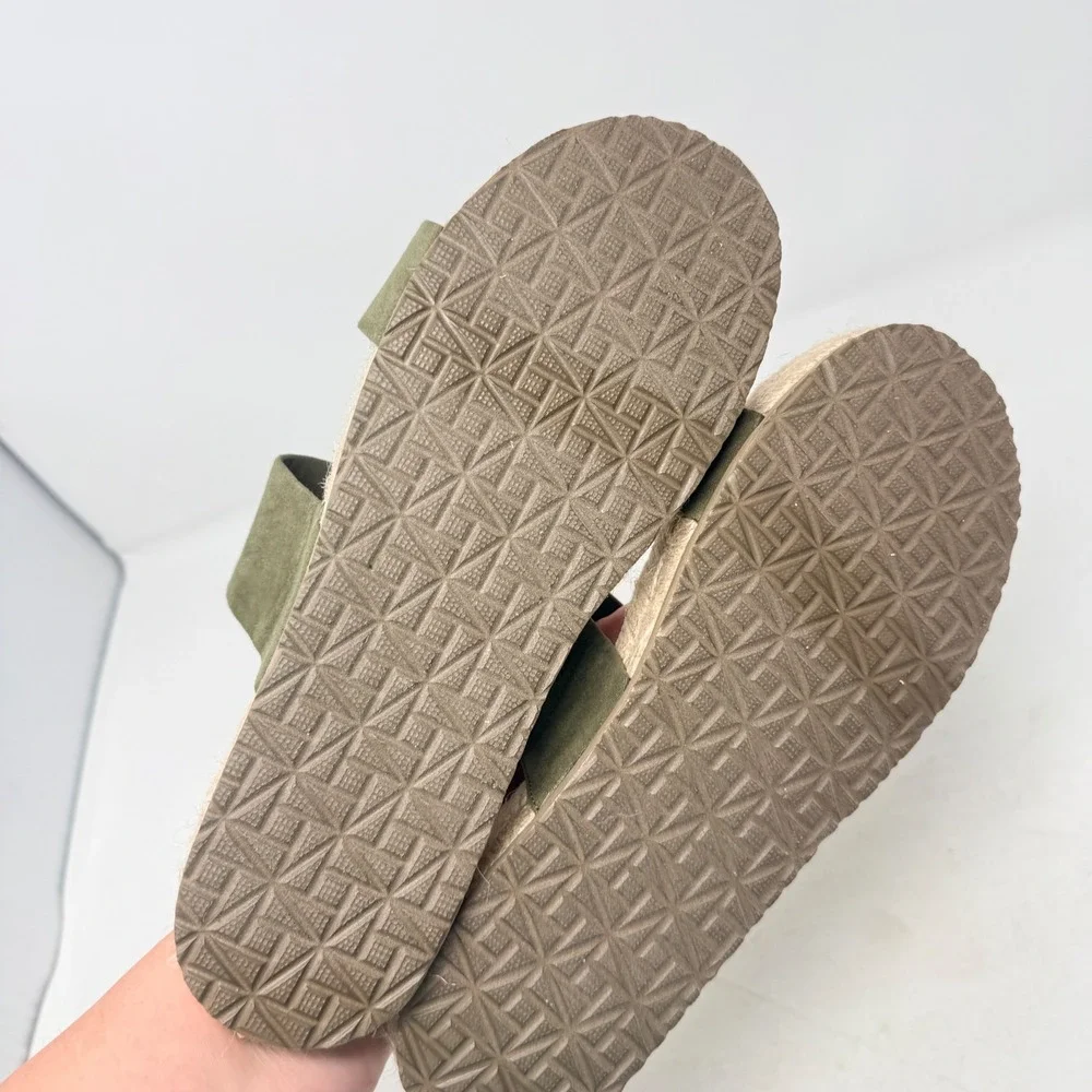 Haute Hippie Nori Espadrille Slide Sandals Suede Double Strap Olive Green Flat